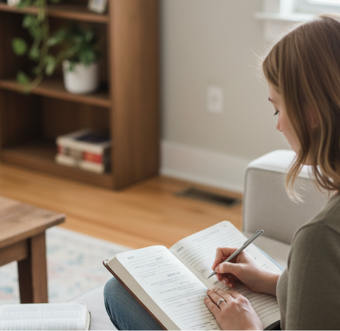 Woman sitting on a couch writing in a notebook in a cozy living room using lectio divina journal