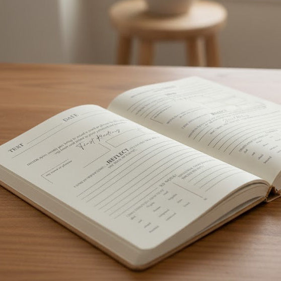 Open notebook about Lectio Divina on a wooden table with a plant in the background